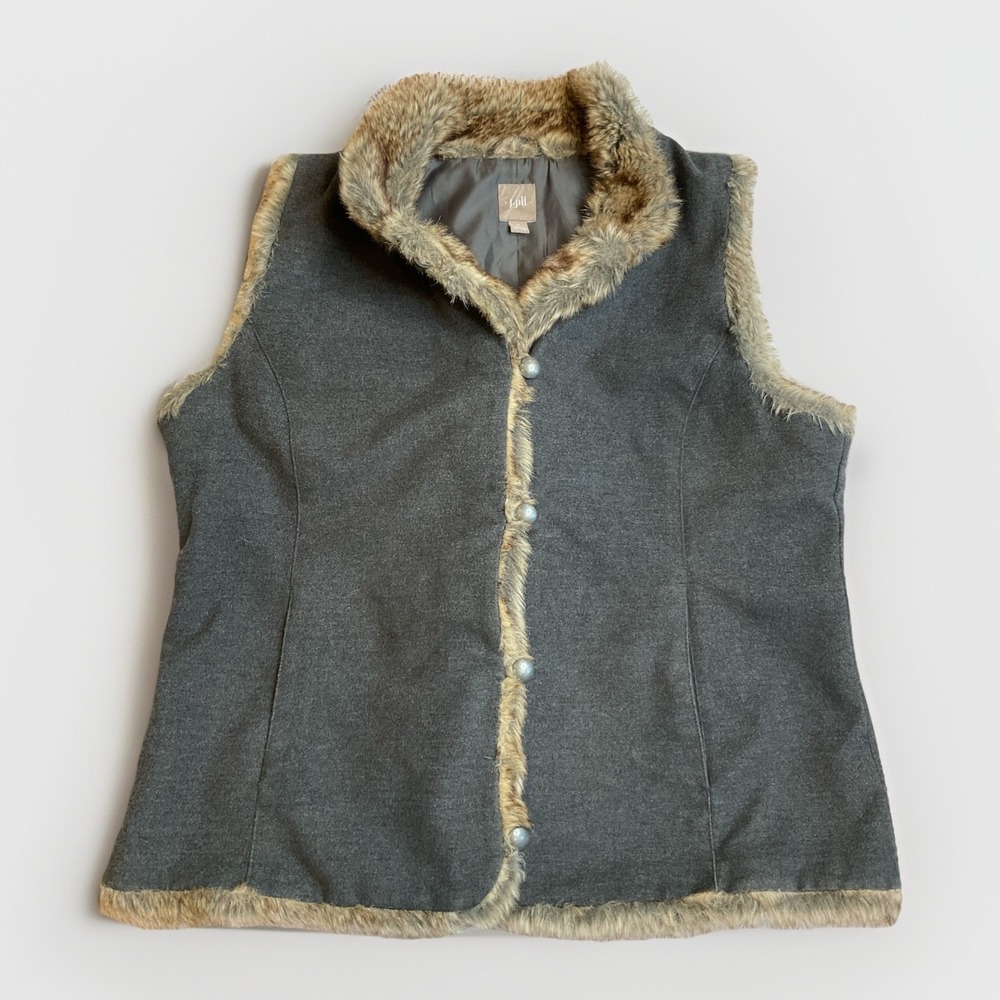 J. Jill Gray Faux‎ Fur Trim Button-Down Vest Women's Large, Pockets